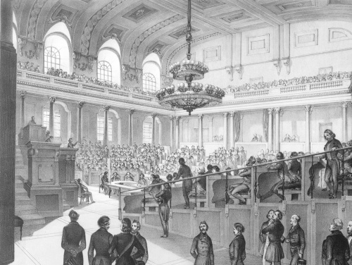 Erste vorbereitende Sitzung des Reichstages in der Winterreitschule der Wiener Hofburg im Juli 1848. Lithographie nach eigener Zeichnung von Franz Kollarz.