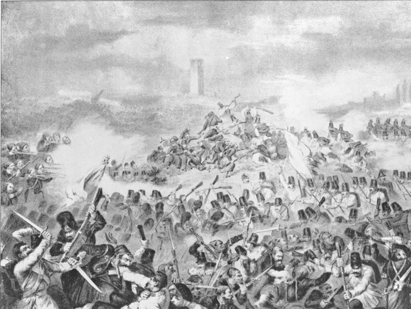 Die Schlacht bei Solferino am 24. Juni 1859 zwischen österreichischen und sardinischen sowie französischen Truppen. Österreichs Niederlage ebnete den Weg für die italienische Einheit. Rasterdruck nach einer Lithographie von J.C. Füllhaas.