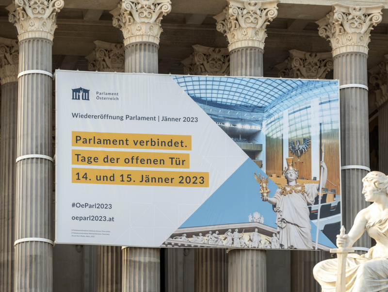 Ankündigung Parlament verbindet. Tag der offenen Türe am 14. und 15. Jänner 2023