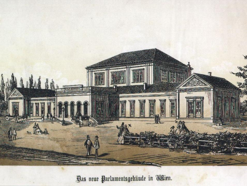 Abgeordnetenhaus des Reichstages vor dem Schottentor von 1861 bis zu seiner Übersiedelung. Im Volksmund 'Bretterbude' genannt.