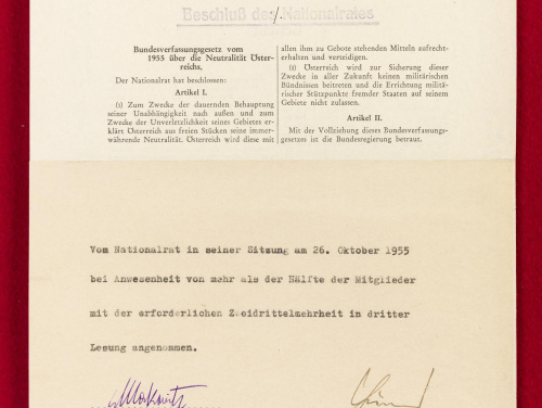 Beschluss des Nationalrates betreffend das Bundesverfassungsgesetzes über die Neutralität Österreichs. Unterschriftenseite