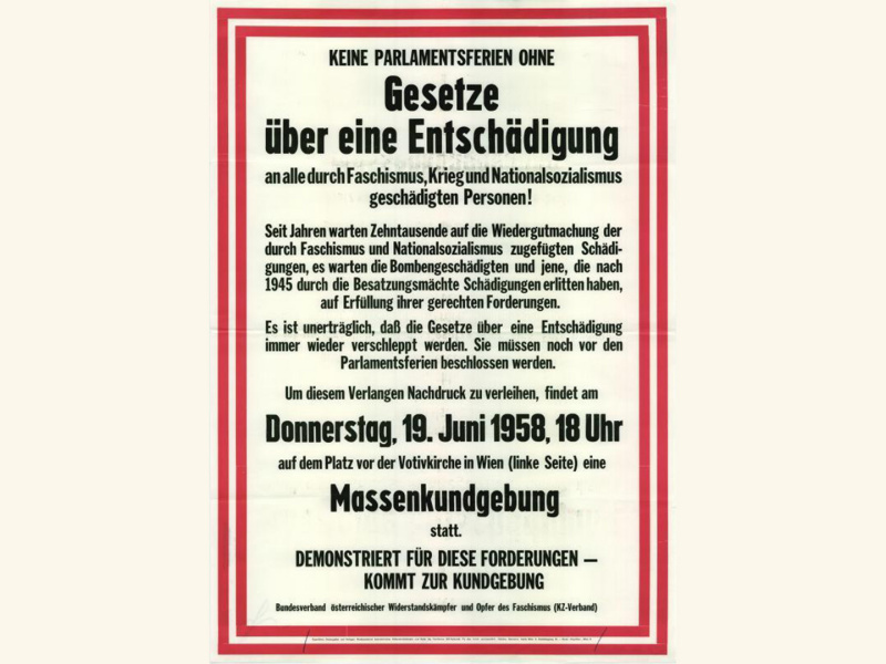 Aufruf zu einer Kundgebung für Entschädigungsgesetze am 19. Juni 1958
