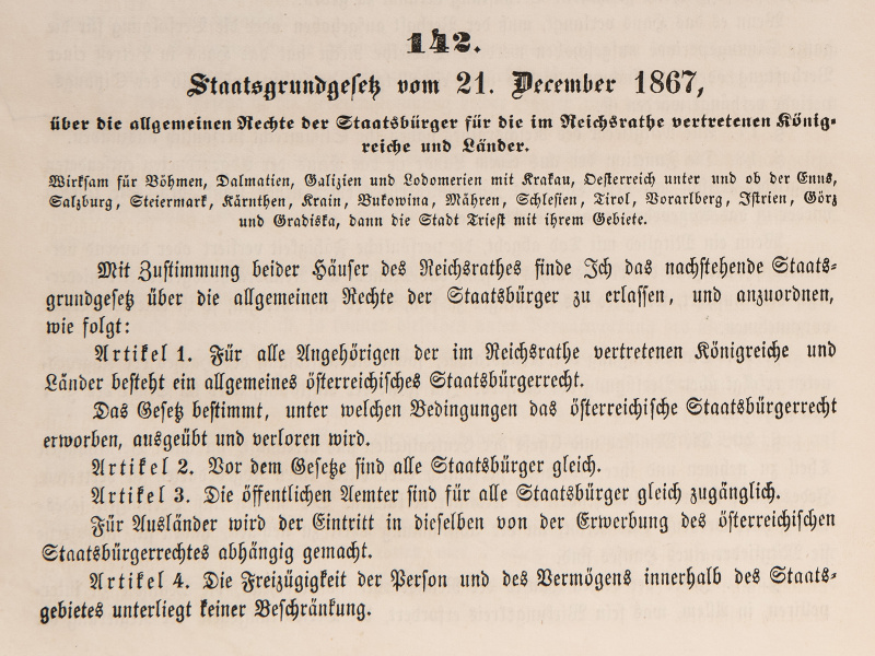 Staatsgrundgesetz vom 21. December 1867 über die allgemeinen Rechte der Staatsbürger für die im Reichsrathe vertretenen Königreiche und Länder