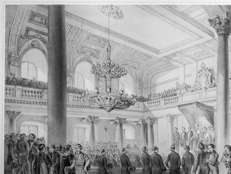 Blick Richtung SitzungsteilnehmerInnen. Lithografie nach Zeichnung von Richter