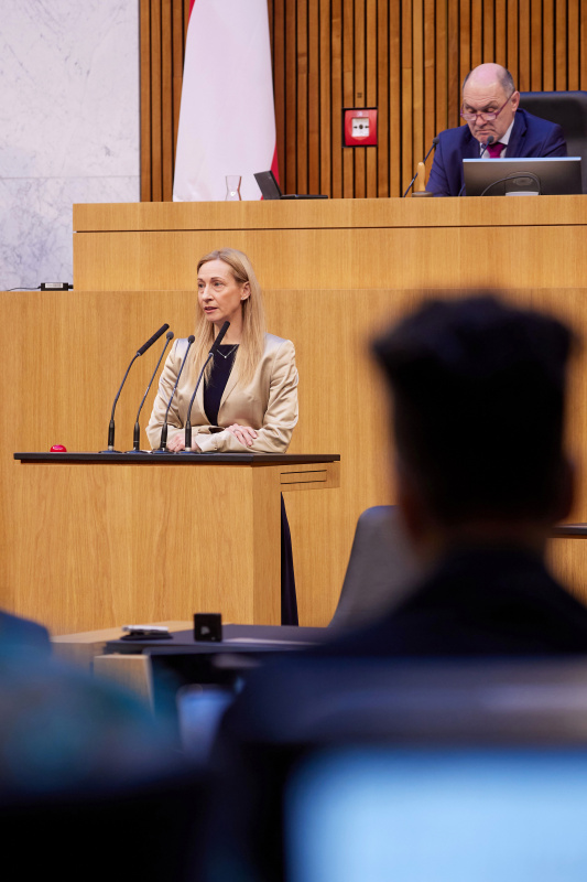 Am Redner:innenpult Nationalratsabgeordnete Agnes Sirkka Prammer (GRÜNE)