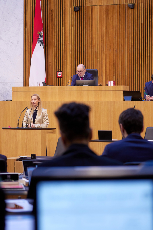 Am Redner:innenpult Nationalratsabgeordnete Agnes Sirkka Prammer (GRÜNE)