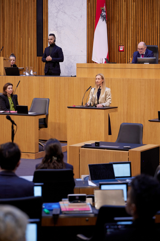 Am Redner:innenpult Nationalratsabgeordnete Agnes Sirkka Prammer (GRÜNE)