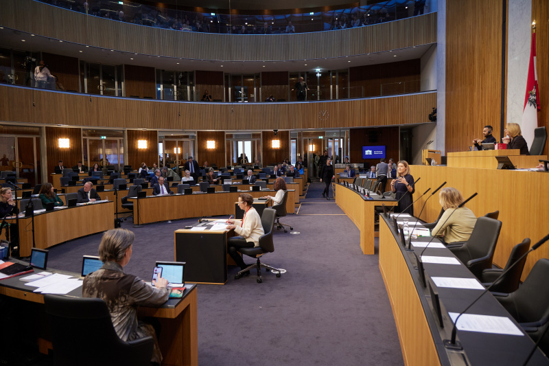 Am Rednerpult Abgeordnete zum EU-Parlament Claudia Gamon (NEOS). Blick Richtung Sitzungsteilnehmer:innen