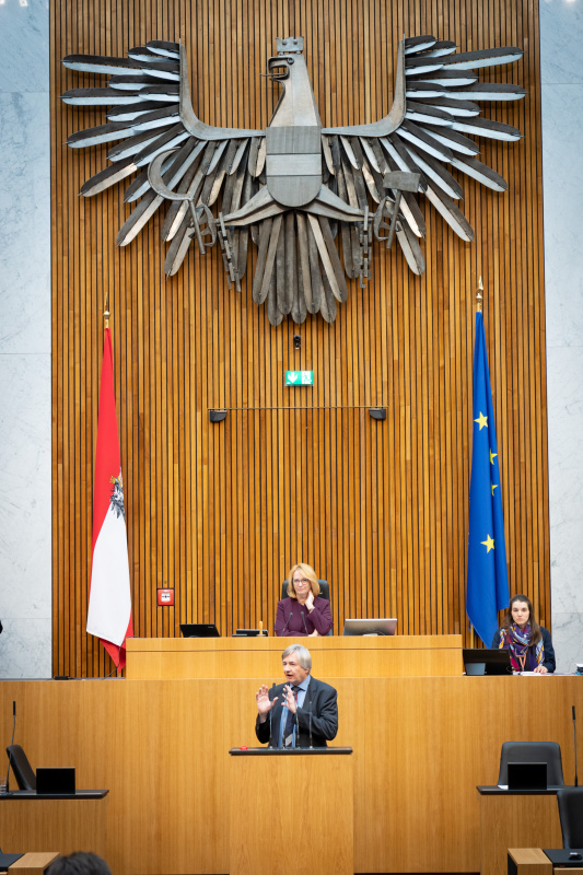 Nationalratsabgeordneter Josef Smolle (ÖVP) am Rednerpult, Zweite Nationalratspräsidentin Doris Bures (SPÖ) am Präsidium