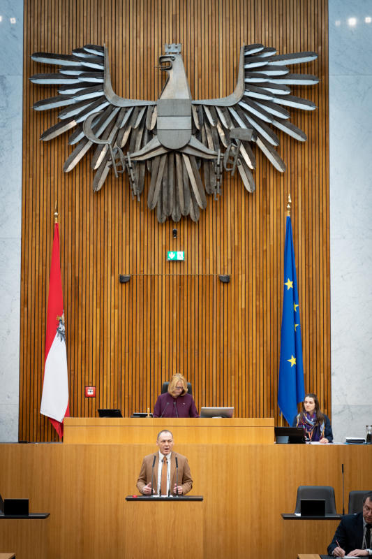 Nationalratsabgeordneter Peter Wurm (FPÖ) am Rednerpult, Zweite Nationalratspräsidentin Doris Bures (SPÖ) am Präsidium