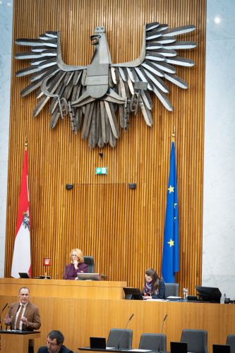Nationalratsabgeordneter Peter Wurm (FPÖ) am Rednerpult, Zweite Nationalratspräsidentin Doris Bures (SPÖ) am Präsidium