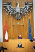 Nationalratsabgeordnete Agnes Sirkka Prammer (GRÜNE) am Rednerpult, , Zweite Nationalratspräsidentin Doris Bures (SPÖ) am Präsidium