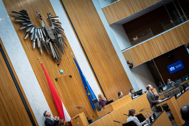 Nationalratsabgeordneter Nikolaus Scherak (NEOS) am Rednerpult, , Zweite Nationalratspräsidentin Doris Bures (SPÖ) am Präsidium
