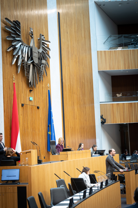 Nationalratsabgeordneter Nikolaus Scherak (NEOS) am Rednerpult, , Zweite Nationalratspräsidentin Doris Bures (SPÖ) am Präsidium