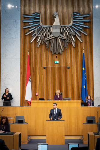 Nationalratsabgeordneter Klaus Fürlinger (ÖVP) am Rednerpult, , Zweite Nationalratspräsidentin Doris Bures (SPÖ) am Präsidium