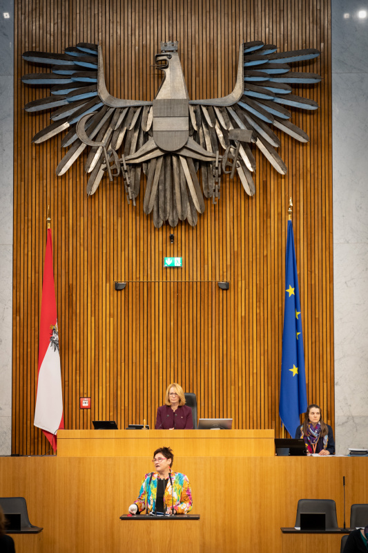 Nationalratsabgeordnete Petra Bayr (SPÖ) am Rednerpult, Zweite Nationalratspräsidentin Doris Bures (SPÖ) am Präsidium