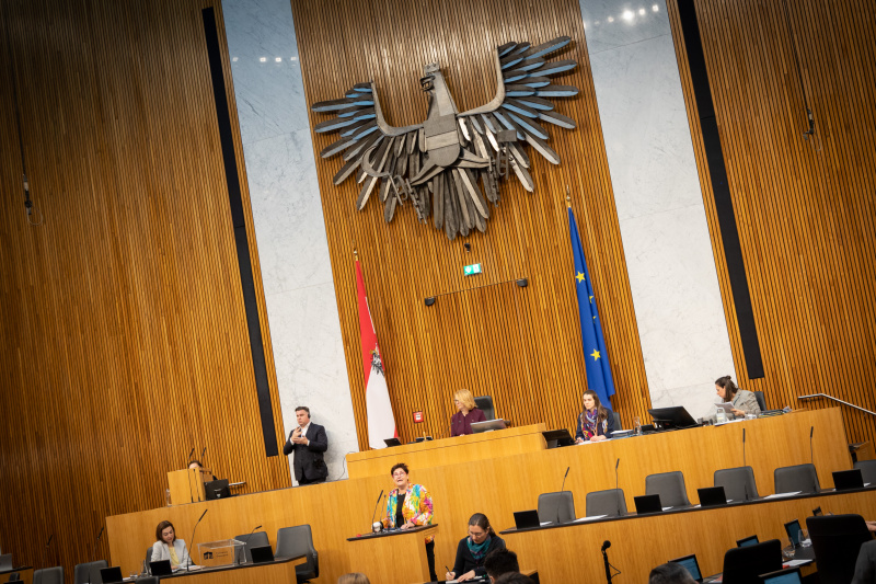 Nationalratsabgeordnete Petra Bayr (SPÖ) am Rednerpult, , Zweite Nationalratspräsidentin Doris Bures (SPÖ) am Präsidium