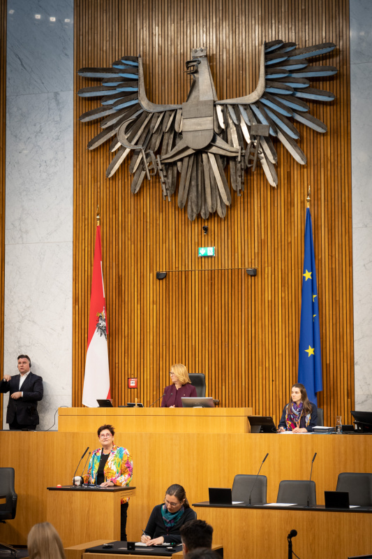 Nationalratsabgeordnete Petra Bayr (SPÖ) am Rednerpult, , Zweite Nationalratspräsidentin Doris Bures (SPÖ) am Präsidium