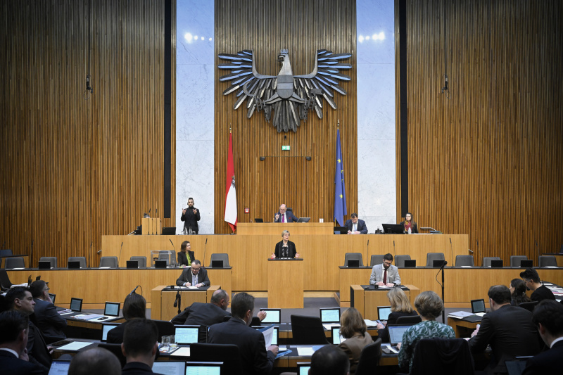Am Rednerpult: Nationalratsabgeordnete Michaela Steinacker (ÖVP). Blick Richtung Sitzungsteilnehmer:innen
