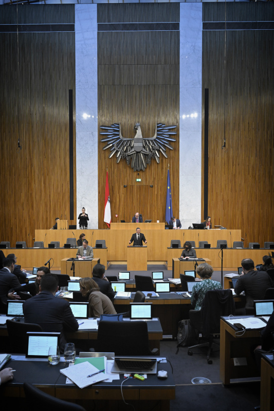 Am Rednerpult: Nationalratsabgeordneter Norbert Sieber (ÖVP). Blick Richtung Sitzungsteilnehmer:innen