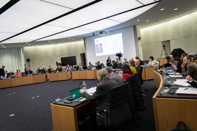 Einleitende Stellungnahme per Video von Christian Fiala, Bevollmächtigter zum Volksbegehren „Wiedergutmachung der COVID-19-Massnahmen“. Blick Richtung Sitzungsteilnehmer:innen