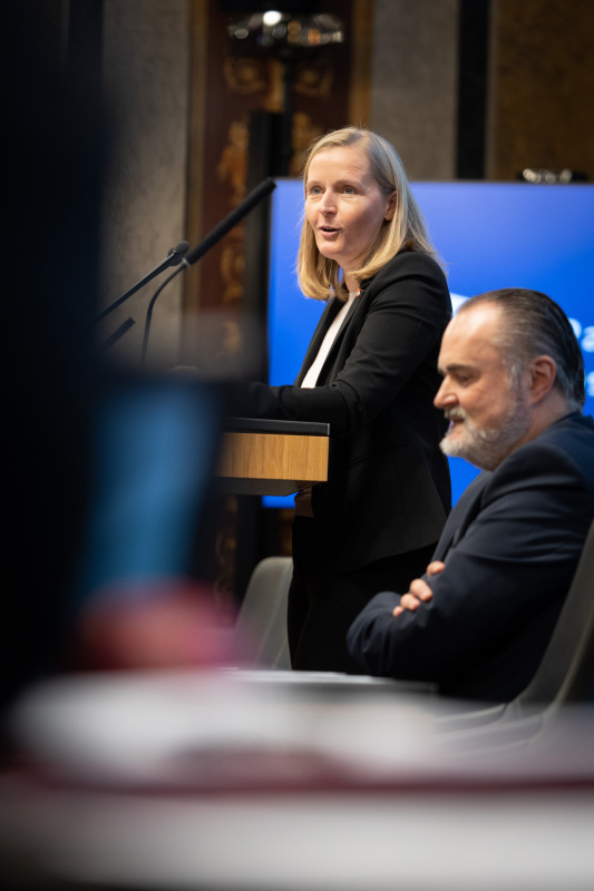 Bundesrätin Maria Huber (GRÜNE) am Redner:innenpult, Landeshauptmann Burgenland Hans-Peter Doskozil auf der Regierungsbank