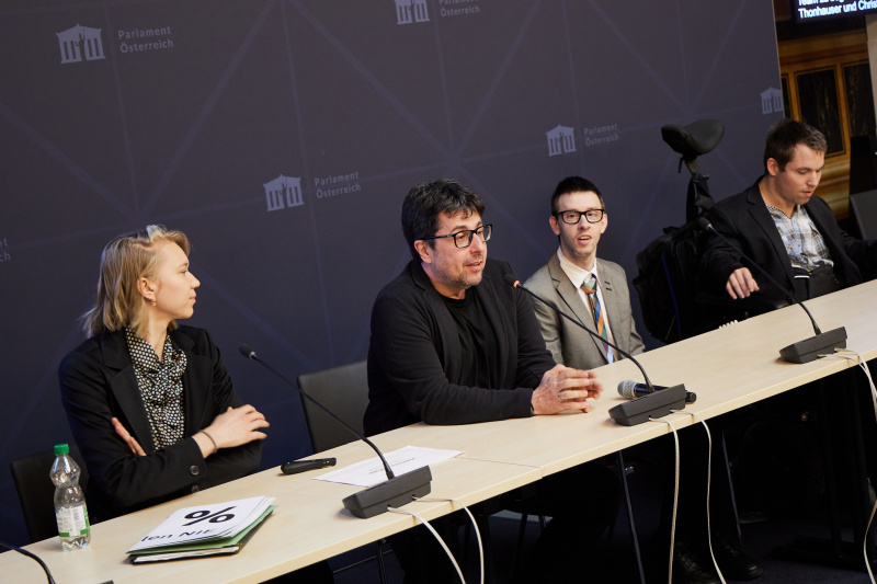 Studienpräsentation „Wahl ohne Qual“, von links: Cornelia Thonhauser Forschungsbüro Menschenrechte/Lebenshilfen Soziale Dienste GmbH, Kurt Feldhofer Forschungsbüro Menschenrechte/Lebenshilfen Soziale Dienste GmbH, Kevin Neubauer Forschungsbüro Menschenrechte/Lebenshilfen Soziale Dienste GmbH, Christian Fast Forschungsbüro Menschenrechte/Lebenshilfen Soziale Dienste GmbH