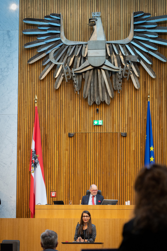 Nationalratsabgeordnete Meri Disoski (GRÜNE) am Redner:innenpult, Nationalratspräsident Wolfgang Sobotka (ÖVP) am Präsidium