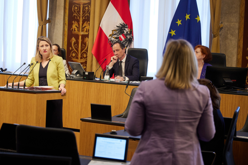 Integrationsministerin Susanne Raab (ÖVP) am Rednerpult