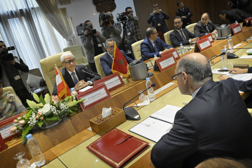 Von Links: Parlamentspräsident von Marokko Rachid Talbi El Alami mit Delegation. Gegenüber Von links: Nationalratspräsident Wolfgang Sobotka (ÖVP)