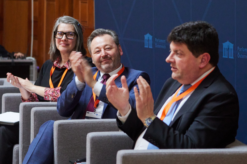 From Left: Eleni Paliouras, Head of the Strategy, Programme and Coordination Office, Directorate of Earth Observation Programmes at ESRIN, European Space Agency (ESA), Andreas Geisler, Head of Aeronautics and Space Agency, Austrian Research Promotion Agency (FFG), Maximilian Bauernfeind, Seconded National Expert, Office of the Executive Director, EU Agency For The Space Programme (EUSPA)