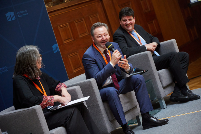 From Left: Eleni Paliouras, Head of the Strategy, Programme and Coordination Office, Directorate of Earth Observation Programmes at ESRIN, European Space Agency (ESA), Andreas Geisler, Head of Aeronautics and Space Agency, Austrian Research Promotion Agency (FFG), Maximilian Bauernfeind, Seconded National Expert, Office of the Executive Director, EU Agency For The Space Programme (EUSPA)