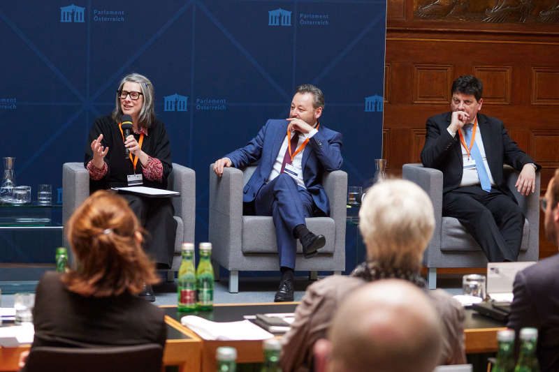 From Left: Eleni Paliouras, Head of the Strategy, Programme and Coordination Office, Directorate of Earth Observation Programmes at ESRIN, European Space Agency (ESA), Andreas Geisler, Head of Aeronautics and Space Agency, Austrian Research Promotion Agency (FFG), Maximilian Bauernfeind, Seconded National Expert, Office of the Executive Director, EU Agency For The Space Programme (EUSPA)