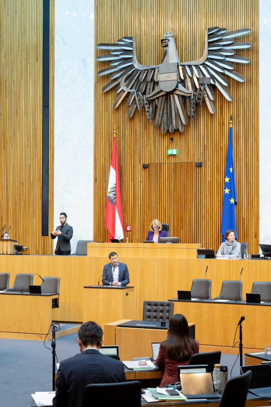 Zweite Nationalratspräsidentin Doris Bures (SPÖ) am Präsidium, Nationalratsabgeordneter David Stögmüller (GRÜNE) am Rednerpult