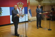 Pressestatement. Von links: Nationalratspräsident Wolfgang Sobotka (ÖVP), Präsident der Nationalversammlung der Republik Serbien Vladimir Orlić