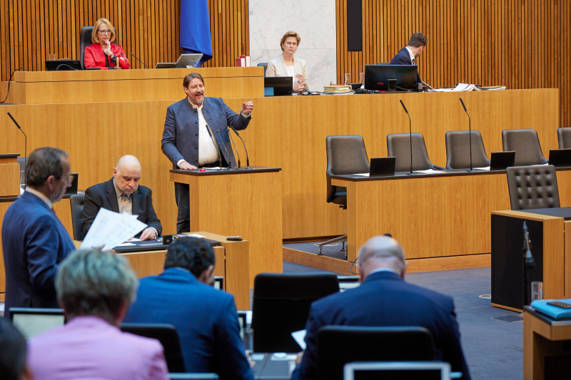 Am Rednerpult: Abgeordneter zum EU-Parlament Thomas Waitz (GRÜNE)