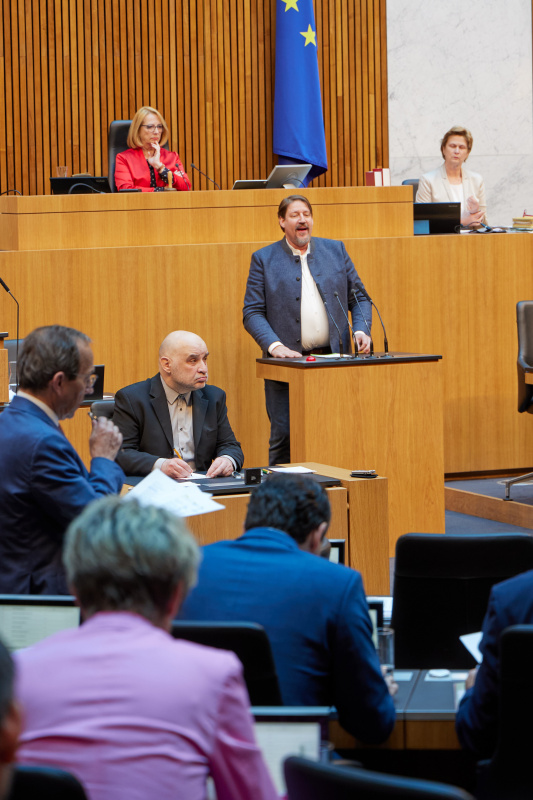 Am Rednerpult: Abgeordneter zum EU-Parlament Thomas Waitz (GRÜNE)