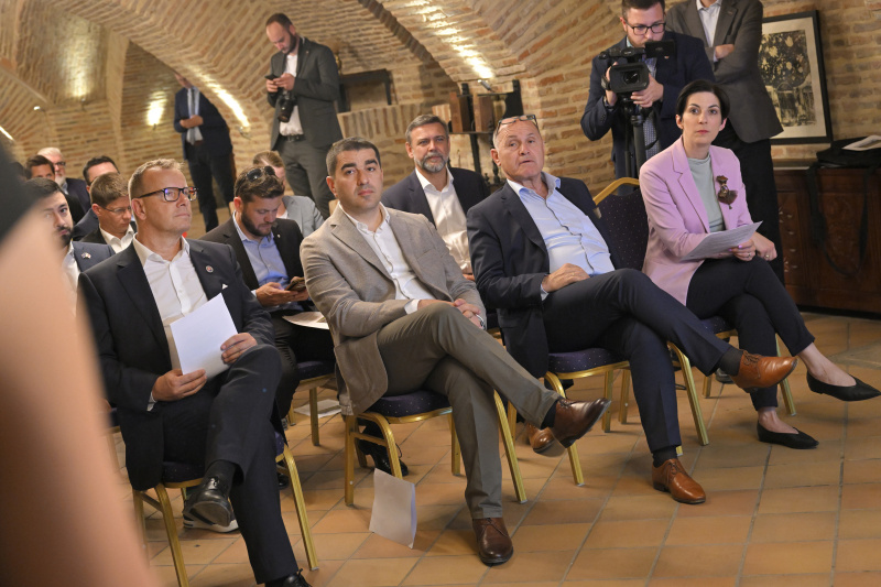 Präsentation des S3-Entwicklungsprojekts (‘’Sustainable Development of the Area of Aragvi Protected Landscape and the Local Communities“). Von links: Präsident des slowakischen Nationalrates Boris Kollár, georgischer Parlamentspräsident Shalva Papuashvili, Nationalratspräsident Wolfgang Sobotka (ÖVP), Präsidentin der Abgeordnetenkammer Tschechiens Markéta Pekarová Adamová