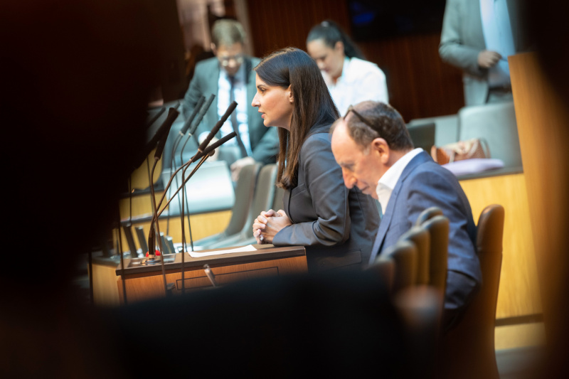 Nationalratsabgeordnete Meri Disoski (GRÜNE) am Redner:innenpult, auf der Regierungsbank Gesundheitsminister Johannes Rauch (GRÜNE)