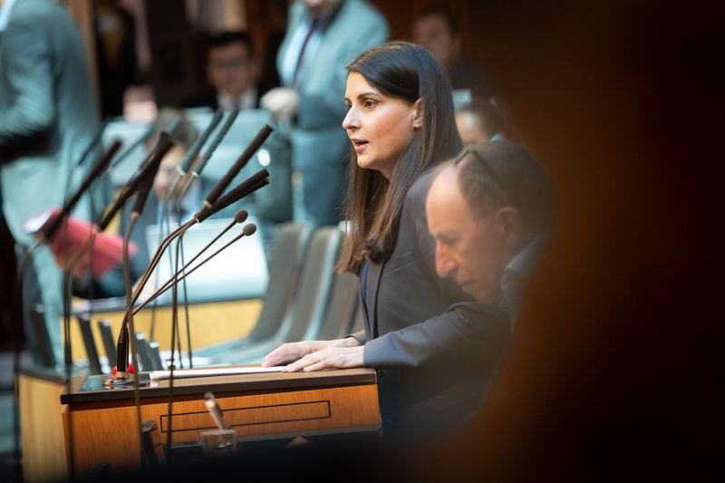 Nationalratsabgeordnete Meri Disoski (GRÜNE) am Redner:innenpult, auf der Regierungsbank Gesundheitsminister Johannes Rauch (GRÜNE)