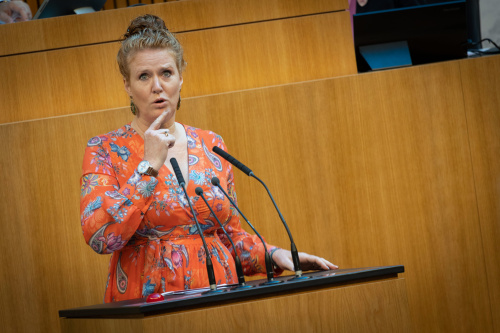 Nationalratsabgeordnete Fiona Fiedler (NEOS) begrüßt in Gebärdensprache.
