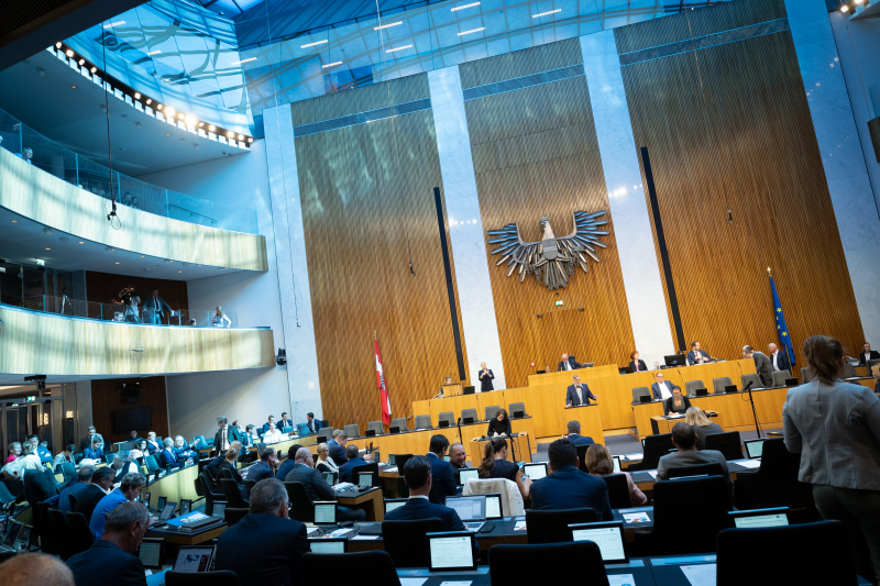 Nationalratsabgeordneter Ralph Schallmeiner (GRÜNE) am Redner:innenpult. Blicik Richtung Sitzungsteilnehmer:innen