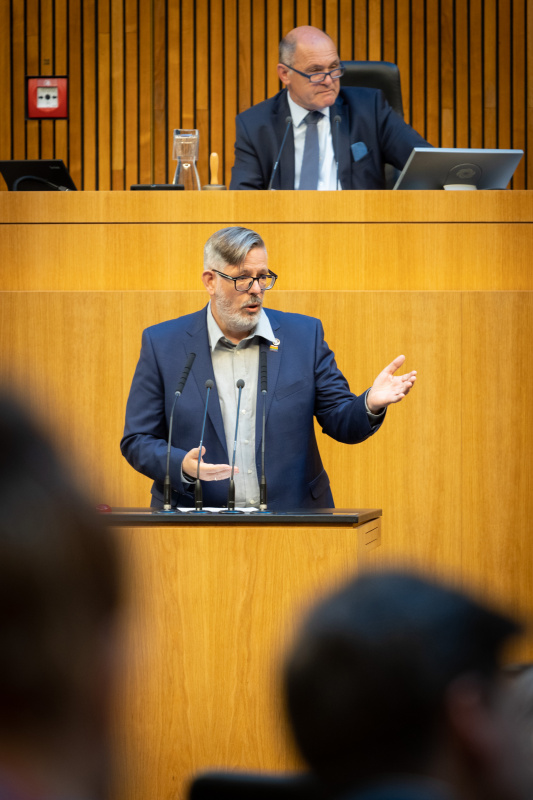 Nationalratsabgeordneter Ralph Schallmeiner (GRÜNE) am Redner:innenpult, 