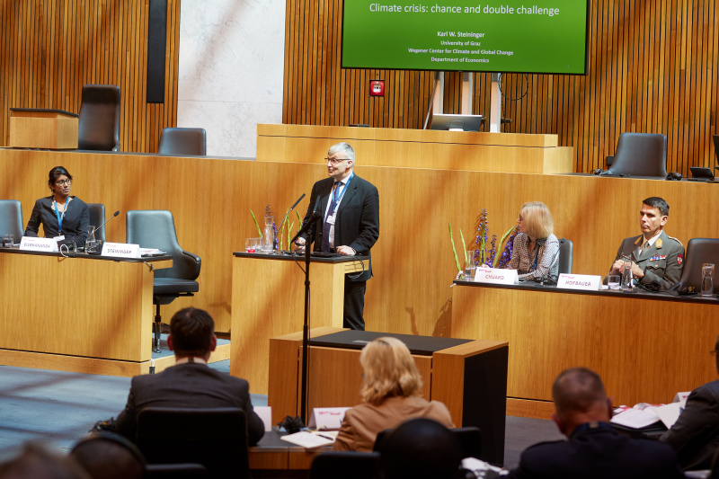 Session 1, from left: Session 1 -  Janani Vivekananda, Head of Programme Climate Diplomacy and Security, Adelphi, Karl W. Steininger, Professor of Climate Economics and Sustainable Transition, Wegener Centre for Climate Change and Global Change, University of Graz, Austria, Nathalie Chuard, Director of DCAF – The Geneva Centre for Security Sector Governance, Session 1 - Bruno Günter Hofbauer, Capability Director, Ministry of Defence of Austria