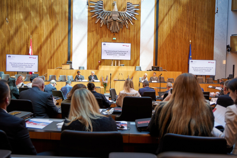Session 1, from left: Session 1 -  Janani Vivekananda, Head of Programme Climate Diplomacy and Security, Adelphi, Karl W. Steininger, Professor of Climate Economics and Sustainable Transition, Wegener Centre for Climate Change and Global Change, University of Graz, Austria, Nathalie Chuard, Director of DCAF – The Geneva Centre for Security Sector Governance, Session 1 - Bruno Günter Hofbauer, Capability Director, Ministry of Defence of Austria