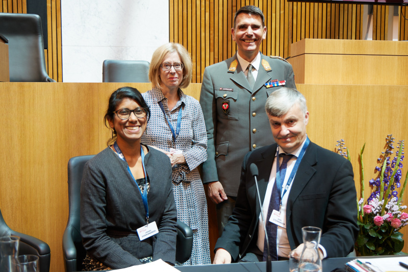 Session 1, from left: Janani Vivekananda, Head of Programme Climate Diplomacy and Security, Adelphi, Karl W. Steininger, Nathalie Chuard, Director of DCAF – The Geneva Centre for Security Sector Governance, Bruno Günter Hofbauer, Capability Director, Ministry of Defence of Austria, Professor of Climate Economics and Sustainable Transition, Wegener Centre for Climate Change and Global Change, University of Graz, Austria