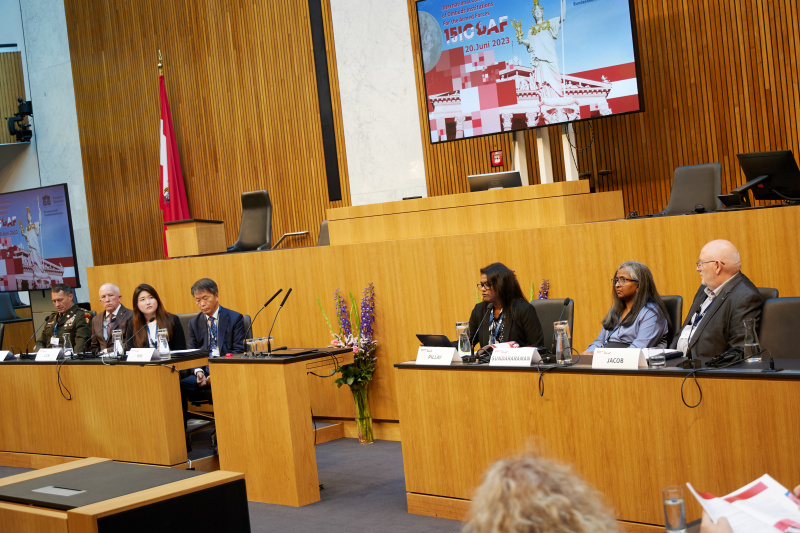Session 4, from left: Douglas Merritt, Command Inspector General, U.S. Army Africa, United States of America, Gregory Lick, National Defence and Canadian Armed Forces Ombudsman, Canada, Yong Won Kim, Human Rights Protector for the Military, South Korea, Chrystal Pillay, Director of Legal Services, South African Military Ombud, South Africa, Ramya Sundararaman, Deputy Director, Defence Suicide Prevention Office of the Department of Defence, United States of America, Emmanuel Jacob, President of the European Organisation of Military Associations and Trade Unions (EUROMIL)