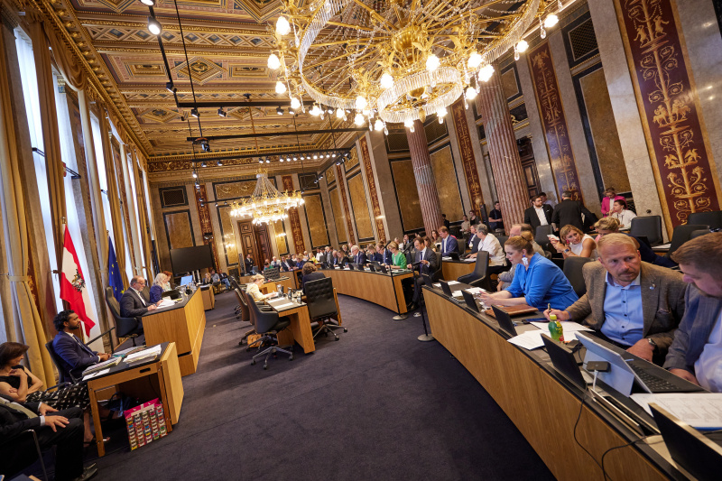 Blick Richtung Sitzungsteilnehmer:innen. Bundesratspräsidentin Claudia Arpa (SPÖ) am Präsidium