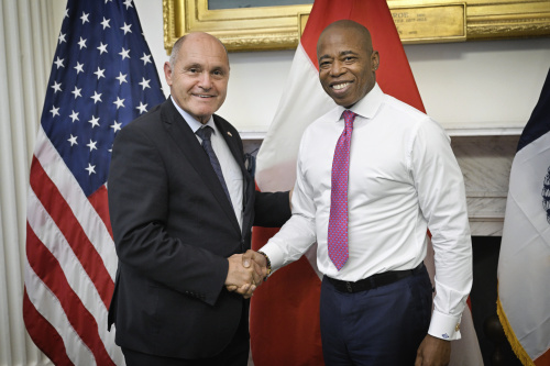 Meeting with New York Mayor Eric Adams.  From left: National Council President Wolfgang Sobotka (ÖVP), New York Mayor Eric Adams