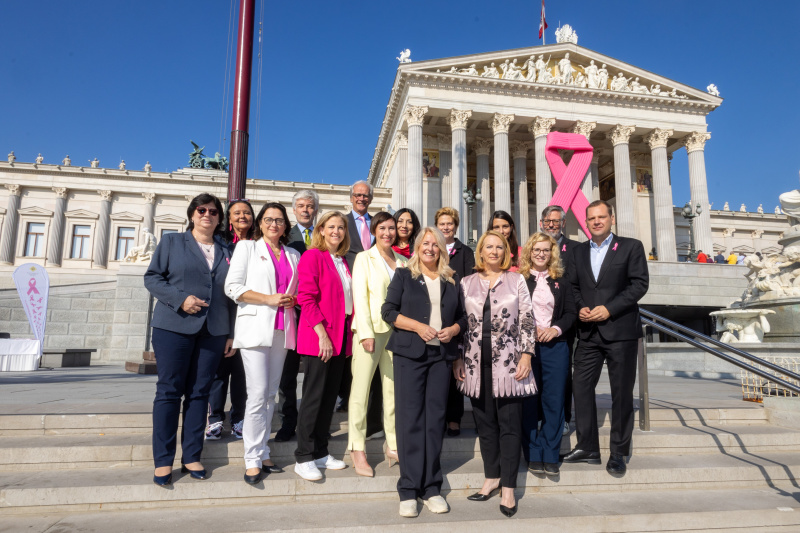 Gruppenfoto. Von links: Nationalratsabgeordnete Rosa Ecker (FPÖ), Geschäftsführerin der Österreichischen Krebshilfe Doris Kiefhaber, Nationalratsabgeordnete Gudrun Kugler (ÖVP), Parlamentsdirektor Harald Dossi, Klubobfrau Beate Meinl-Reisinger (NEOS), Präsident der Österreichischen Krebshilfe Paul Sevelda, Nationalratsabgeordnete Henrike Brandstötter (NEOS), Nationalratsabgeordnete Selma Yildirim (SPÖ), Bundesratspräsidentin Claudia Arpa (SPÖ), Parlamentsvizedirektorin Susanne Janistyn-Novák, Zweite Nationalratspräsidentin Doris Bures (SPÖ), Nationalratsabgeordnete Meri Disoski (GRÜNE), Nationalratsabgeordnete Eva Maria Holzleitner (SPÖ), Nationalratsabgeordneter Ralph Schalmeiner (GÜNE), Klubobmann Philip Kucher (SPÖ)